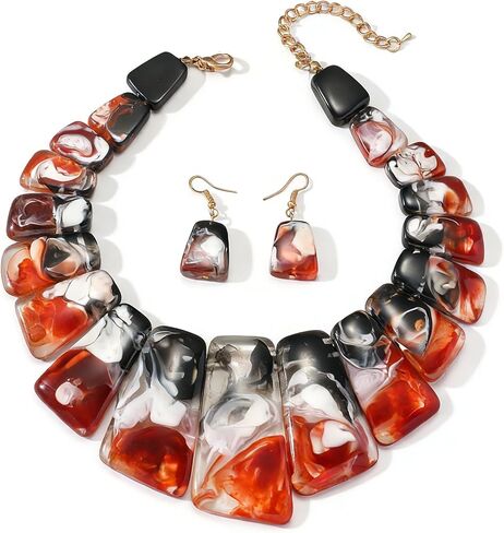 Acrylic Chunky Statement Necklace for Women Large Tortoise Shell Turquoise Stone Acrylic Link Chain Black White Red Orange Blended Style Resin Necklace Earring Jewelry Set in Saudi Arabia