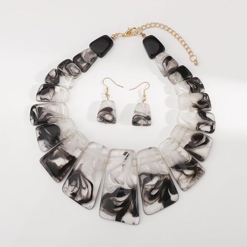 Acrylic Chunky Statement Necklace for Women Large Tortoise Shell Turquoise Stone Acrylic Link Chain Black White Red Orange Blended Style Resin Necklace Earring Jewelry Set in Saudi Arabia
