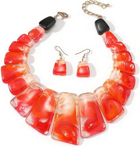 Acrylic Chunky Statement Necklace for Women Large Tortoise Shell Turquoise Stone Acrylic Link Chain Black White Red Orange Blended Style Resin Necklace Earring Jewelry Set in Saudi Arabia