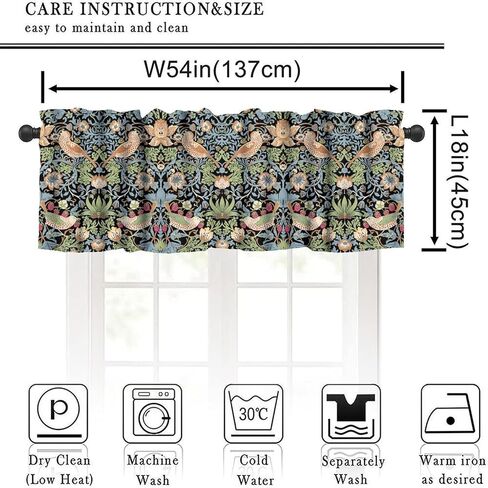 ستارة ويليام موريس العتيقة، ستارة نافذة مجردة على شكل طائر زهرة ريترو لغرفة النوم وغرفة المعيشة والمطبخ، مجموعة لوحات فنية ريفية باللون الأخضر والأسود مقاس 54 × 18 بوصة، قطعة واحدة in Kuwait