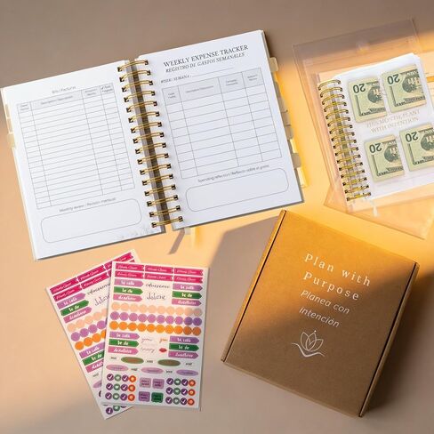 Budget Planner & Money Saving Binder, Undated Financial Organizer with Monthly Bill Tracker and Motivational Messages. Bilingual Savings Book (ES/EN) with Stickers & Pockets for Smart Planning. in Saudi Arabia