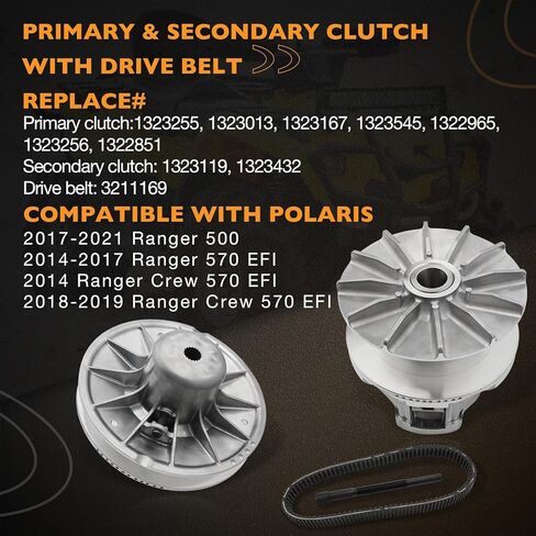 Primary & Secondary Clutch with Drive Belt, Compatible with Polaris 2017-2021 Ranger 500, 2014-2017 Ranger 570 EFI, 2014 & 2018-2019 Ranger Crew 570 EFI, Replaces# 1323255/1323119 in Saudi Arabia
