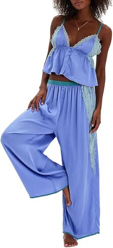 المرأة مثير الدانتيل المرقعة منامة مجموعة 2 قطعة زر أسفل تكدرت السباغيتي حزام كامي العلوي و بنطال ذو قصة أرجل واسعة وتتسابق in Kuwait