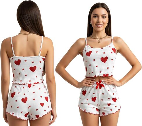 Women’s Heart Print Pajama Set – Soft Ribbed Cotton Sleepwear with Ruffle Cami Top & Matching Shorts in Saudi Arabia