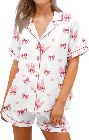 Springcmy Women Easter Pajamas Set Silk Bunny Button Egg Down Shirt and Shorts 2Pcs Pj Set Loungewear Sleepwear Outfits in Kuwait