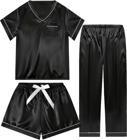3 Piece Silk Satin Pajamas Set for Women Soft Short Sleeve Pjs Silky V Neck Sleepwear with Top Shorts and Pants,Black,S in Kuwait