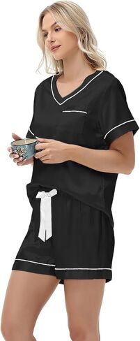3 Piece Silk Satin Pajamas Set for Women Soft Short Sleeve Pjs Silky V Neck Sleepwear with Top Shorts and Pants,Black,S in Kuwait