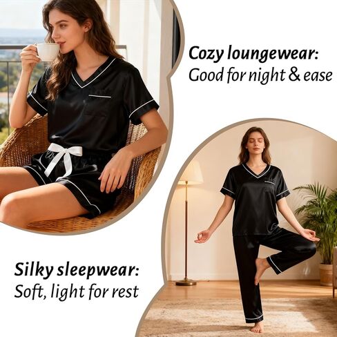 3 Piece Silk Satin Pajamas Set for Women Soft Short Sleeve Pjs Silky V Neck Sleepwear with Top Shorts and Pants,Black,S in Kuwait
