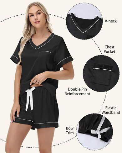 3 Piece Silk Satin Pajamas Set for Women Soft Short Sleeve Pjs Silky V Neck Sleepwear with Top Shorts and Pants,Black,S in Kuwait