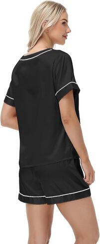 3 Piece Silk Satin Pajamas Set for Women Soft Short Sleeve Pjs Silky V Neck Sleepwear with Top Shorts and Pants,Black,S in Kuwait