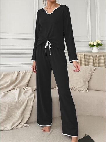 Women's Pajama Set,Long Sleeve Top and Drawstring Pants, Soft Pjs Set V Neck Sleepwear with Contrast Piping Loungewar in Saudi Arabia