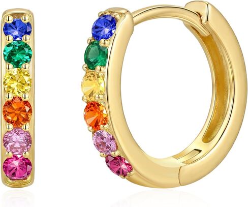 أقراط هاجي من الفضة الإسترلينية عيار 925 للنساء أقراط فضة مطلية بالذهب عيار 14 قيراط للنساء لا تسبب الحساسية، حلق هاجي صغير ملون بألوان قوس قزح مكعب زركونيا (12/14/16 ملم) in Kuwait