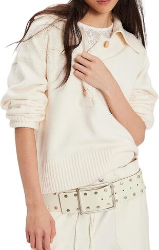 المرأة اقتصاص بولو سترة طويلة الأكمام المتضخم الياقة السترة عادية التلبيب الخامس الرقبة محبوك البلوز القمم in Kuwait