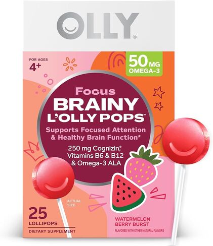OLLY Focus Buddies L’OLLY Pops, Omega-3 ALA, B6, B12, Cognizin®, Kids Supplement Lollipops to Supports Focused Attention & Healthy Brain Function, Vegetarian, Watermelon Strawberry, 25 Count in Kuwait