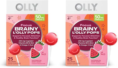 OLLY Focus Buddies L’OLLY Pops، أوميغا 3 ALA، B6، B12، Cognizin®، المصاصات التكميلية للأطفال لدعم الاهتمام المركّز ووظيفة الدماغ الصحية، نباتي، فراولة البطيخ، 25 قطعة in Saudi Arabia