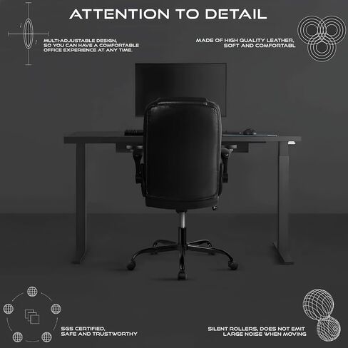 كرسي مكتب تنفيذي من VITESSE مع مساند للذراعين قابلة للطي، كرسي مكتب مريح من الجلد كبير وطويل القامة، كرسي مكتب كمبيوتر منزلي عالي الظهر، كرسي كمبيوتر ثقيل ومتين (أسود) in Kuwait