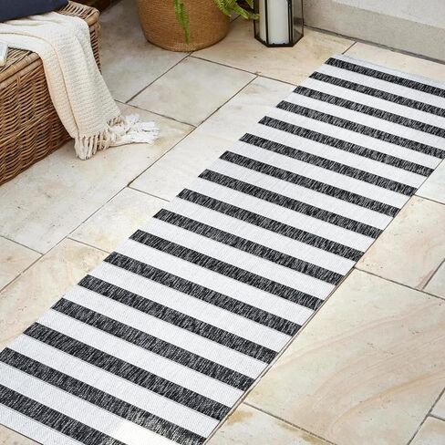 JONATHAN Y Wide Stripe Indoor Outdoor Runner Rug 2X8 Black/Cream, Aveiro for Backyard, Patio, Porch, Easy-Cleaning, High Traffic, Pet-Friendly, Non-Shedding (SMB112B-28) in Saudi Arabia