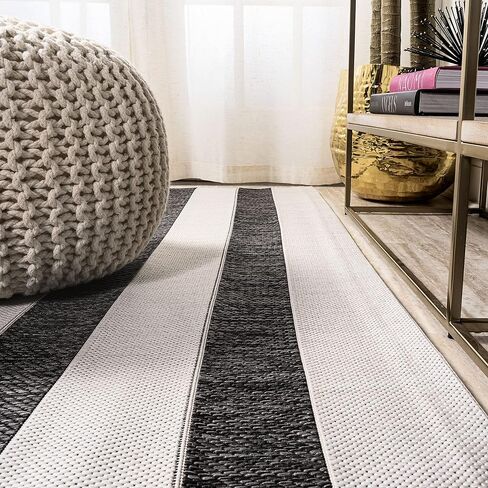 JONATHAN Y Wide Stripe Indoor Outdoor Runner Rug 2X8 Black/Cream, Aveiro for Backyard, Patio, Porch, Easy-Cleaning, High Traffic, Pet-Friendly, Non-Shedding (SMB112B-28) in Saudi Arabia
