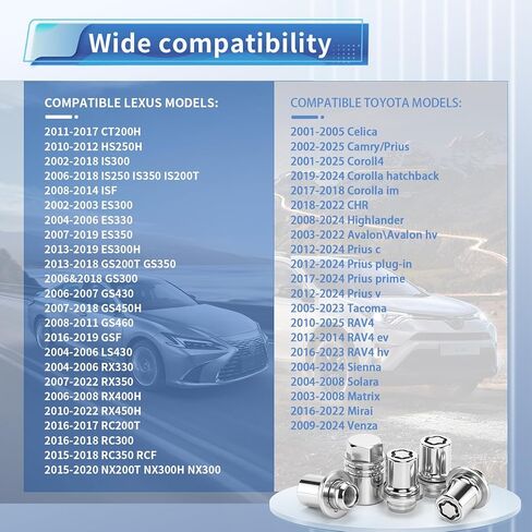 00276-00900 M12 x 1.5 مجموعة صواميل قفل العجلة متوافقة مع 2001-2025 تويوتا أفالون كامري سيليكا كورولا هايلاندر ماتريكس ميراي MR2 بريوس RAV4 سيينا سولارا تاكوما، مضاد للسرقة (كروم) in Kuwait