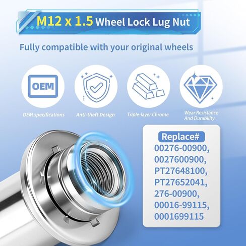 00276-00900 M12 x 1.5 مجموعة صواميل قفل العجلة متوافقة مع 2001-2025 تويوتا أفالون كامري سيليكا كورولا هايلاندر ماتريكس ميراي MR2 بريوس RAV4 سيينا سولارا تاكوما، مضاد للسرقة (كروم) in Kuwait