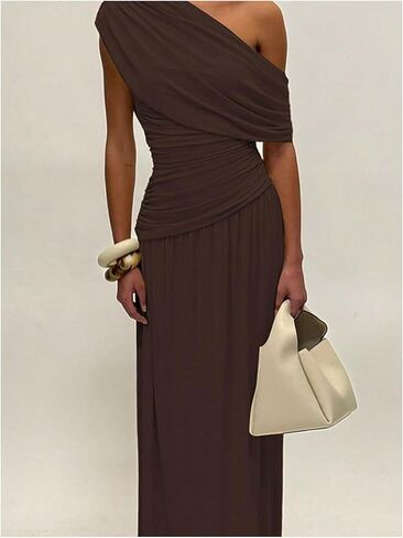 GORGLITTER Women's Elegant Formal Long Dress Off One Shoulder Sleeveless Ruched Maxi Cocktail Evening Dresses in Saudi Arabia