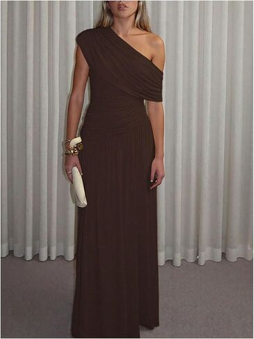 GORGLITTER Women's Elegant Formal Long Dress Off One Shoulder Sleeveless Ruched Maxi Cocktail Evening Dresses in Saudi Arabia