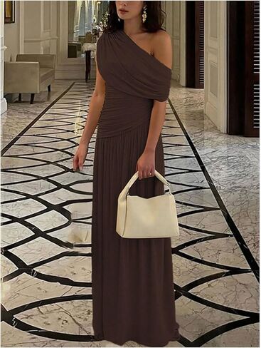 GORGLITTER Women's Elegant Formal Long Dress Off One Shoulder Sleeveless Ruched Maxi Cocktail Evening Dresses in Saudi Arabia