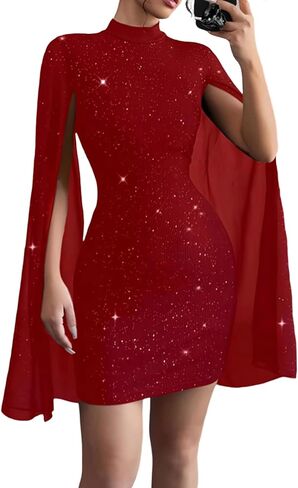 Unybwonn Sexy Glitter Mini Dress Sequin Cape Split Sleeve Mock Neck Sequin Cocktail Dresses Wedding Guest Party Dress in Saudi Arabia