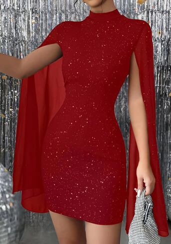 Unybwonn Sexy Glitter Mini Dress Sequin Cape Split Sleeve Mock Neck Sequin Cocktail Dresses Wedding Guest Party Dress in Saudi Arabia
