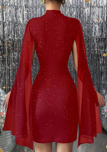 Unybwonn Sexy Glitter Mini Dress Sequin Cape Split Sleeve Mock Neck Sequin Cocktail Dresses Wedding Guest Party Dress in Saudi Arabia