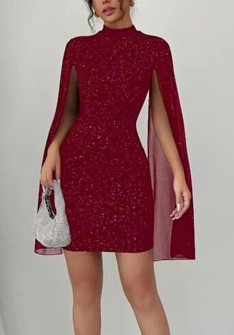 Unybwonn Sexy Glitter Mini Dress Sequin Cape Split Sleeve Mock Neck Sequin Cocktail Dresses Wedding Guest Party Dress in Saudi Arabia