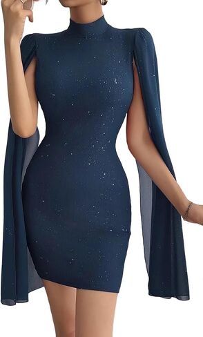 Unybwonn Sexy Glitter Mini Dress Sequin Cape Split Sleeve Mock Neck Sequin Cocktail Dresses Wedding Guest Party Dress in Saudi Arabia