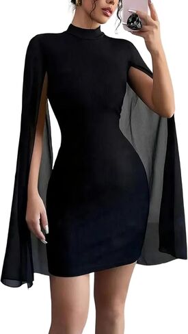 Unybwonn Sexy Glitter Mini Dress Sequin Cape Split Sleeve Mock Neck Sequin Cocktail Dresses Wedding Guest Party Dress in Saudi Arabia