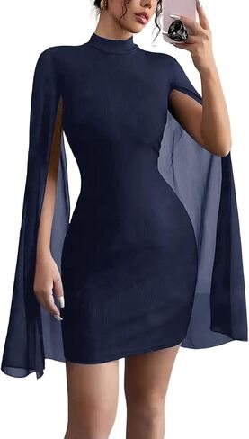 Unybwonn Sexy Glitter Mini Dress Sequin Cape Split Sleeve Mock Neck Sequin Cocktail Dresses Wedding Guest Party Dress in Saudi Arabia