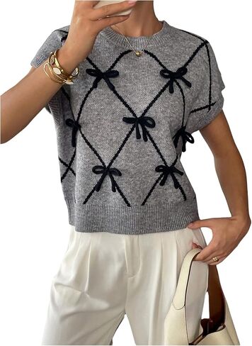 Women Bow Knot Plaid Print Cashmere Sweater Short Sleeve Crew Neck Y2K Knitted Pullover Top Vintage Soft Blouse in Kuwait