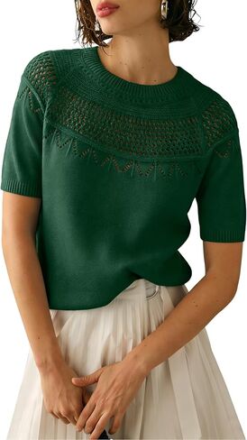 Yeokou Womens Short Sleeve Sweater Round Neck Eyelet Knit Crochet Pullover Summer Fall Casual Top Blouse in Saudi Arabia