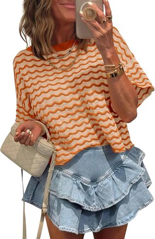 Tankaneo Womens Short Sleeve Sweater Striped Cropped Sweaters 2026 Summer Casual Crewneck Lightweight Knit Tops in Saudi Arabia
