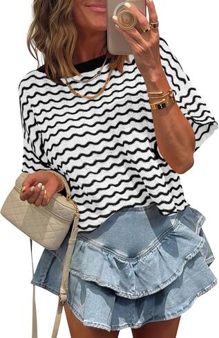 Tankaneo Womens Short Sleeve Sweater Striped Cropped Sweaters 2026 Summer Casual Crewneck Lightweight Knit Tops in Saudi Arabia