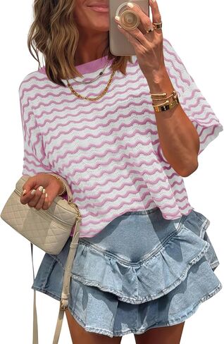 Tankaneo Womens Short Sleeve Sweater Striped Cropped Sweaters 2026 Summer Casual Crewneck Lightweight Knit Tops in Saudi Arabia