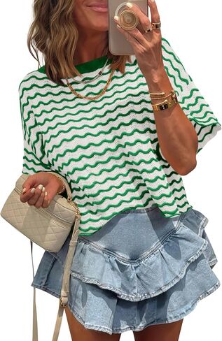 Tankaneo Womens Short Sleeve Sweater Striped Cropped Sweaters 2026 Summer Casual Crewneck Lightweight Knit Tops in Saudi Arabia