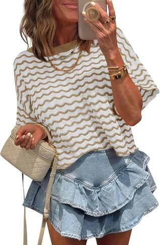 Tankaneo Womens Short Sleeve Sweater Striped Cropped Sweaters 2026 Summer Casual Crewneck Lightweight Knit Tops in Saudi Arabia