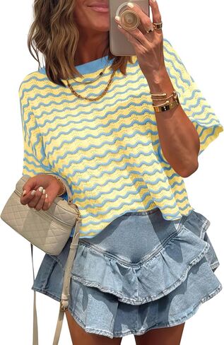 Tankaneo Womens Short Sleeve Sweater Striped Cropped Sweaters 2026 Summer Casual Crewneck Lightweight Knit Tops in Saudi Arabia