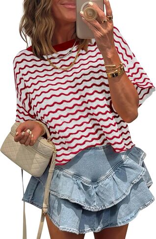 Tankaneo Womens Short Sleeve Sweater Striped Cropped Sweaters 2026 Summer Casual Crewneck Lightweight Knit Tops in Saudi Arabia