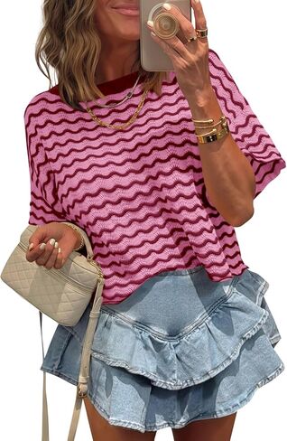 Tankaneo Womens Short Sleeve Sweater Striped Cropped Sweaters 2026 Summer Casual Crewneck Lightweight Knit Tops in Saudi Arabia