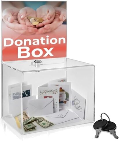 Wide Acrylic Charity Donation Ballot box Fundraising Coin collection Tip box 8.5" x 6.5" x 5" office Suggestion Box Piggy Bank ticket box with large 8.5" x 6.5" Display area with lock and keys(2 Pack) in Kuwait