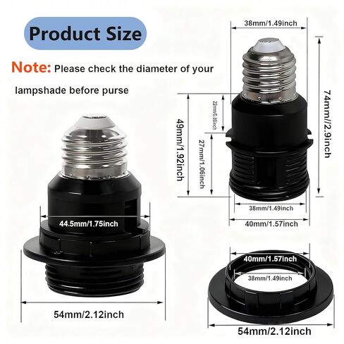 E26 to E26 Socket Extender,Thread E27/E26 Lamp Bulb Socket Extension,Lamp Holder Adapter with Shade Rings (Black, 3) in Kuwait