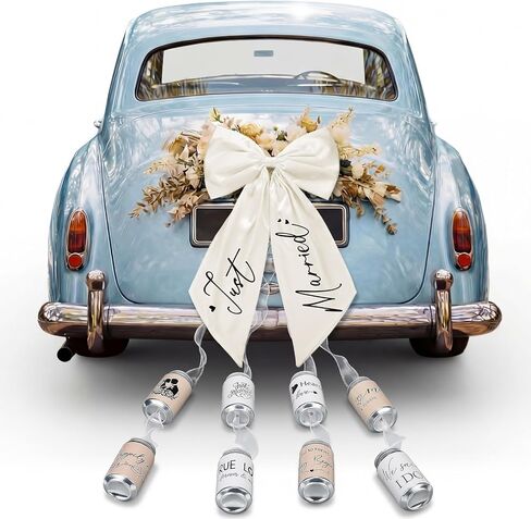 18 Pcs Just Married Car Decorations Wedding Car Decorations Giant Pull Ribbon Bow Tin Cans Stickers for Automotive Decor Accessories Bride Vehicles Photo Props Elegant Wedding Party Decor in Saudi Arabia