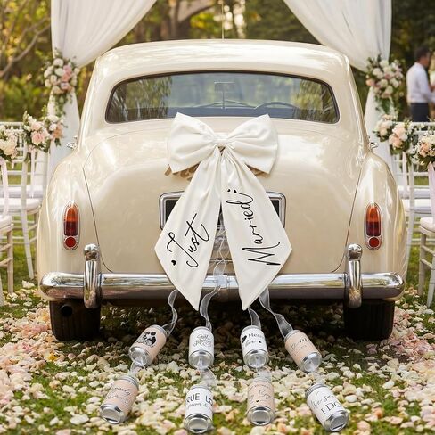 18 Pcs Just Married Car Decorations Wedding Car Decorations Giant Pull Ribbon Bow Tin Cans Stickers for Automotive Decor Accessories Bride Vehicles Photo Props Elegant Wedding Party Decor in Saudi Arabia