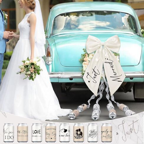 18 Pcs Just Married Car Decorations Wedding Car Decorations Giant Pull Ribbon Bow Tin Cans Stickers for Automotive Decor Accessories Bride Vehicles Photo Props Elegant Wedding Party Decor in Saudi Arabia
