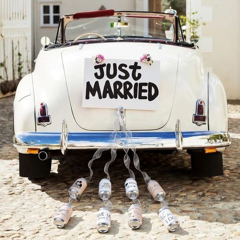 18 Pcs Just Married Car Decorations Wedding Car Decorations Giant Pull Ribbon Bow Tin Cans Stickers for Automotive Decor Accessories Bride Vehicles Photo Props Elegant Wedding Party Decor in Saudi Arabia